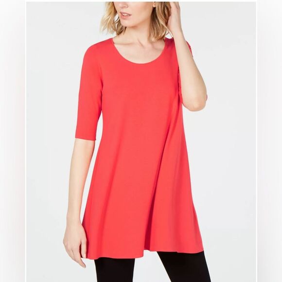 Eileen Fisher Womens Size XS Red Scoop Neck Quarter Length Sleeve Tunic T-Shirt - Picture 1 of 8